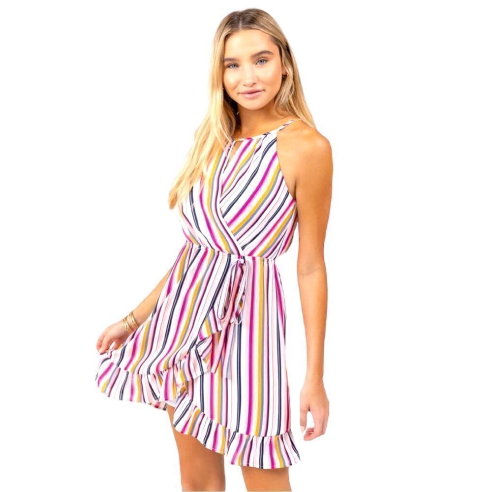 Francesca’s faux wrap colorful striped dress! NWT